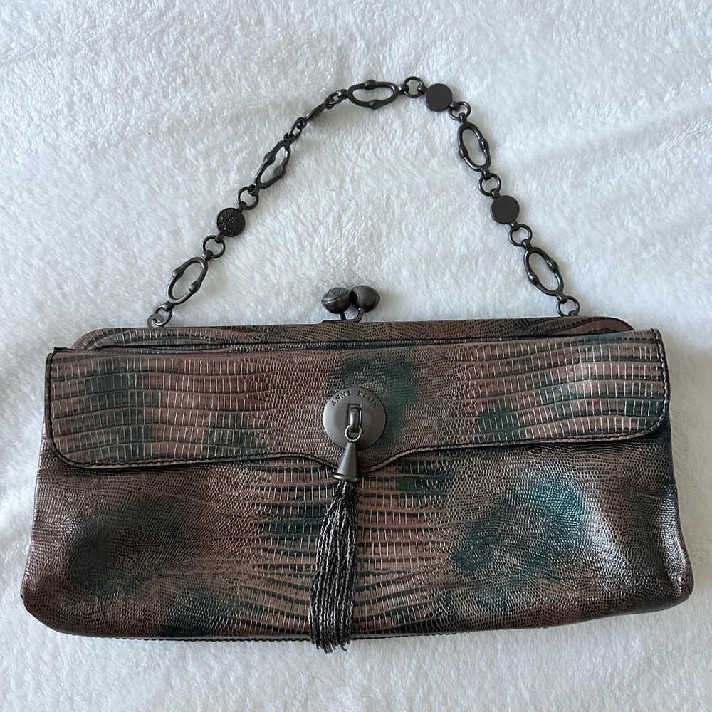 Anne Klein Brown and Green Clutch with Chain Strap
